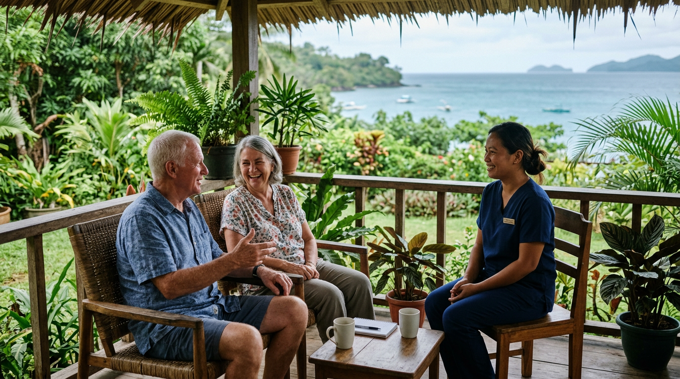 Happy expat retiree couple with an English-speaking caregiver on a Philippine beachfront veranda